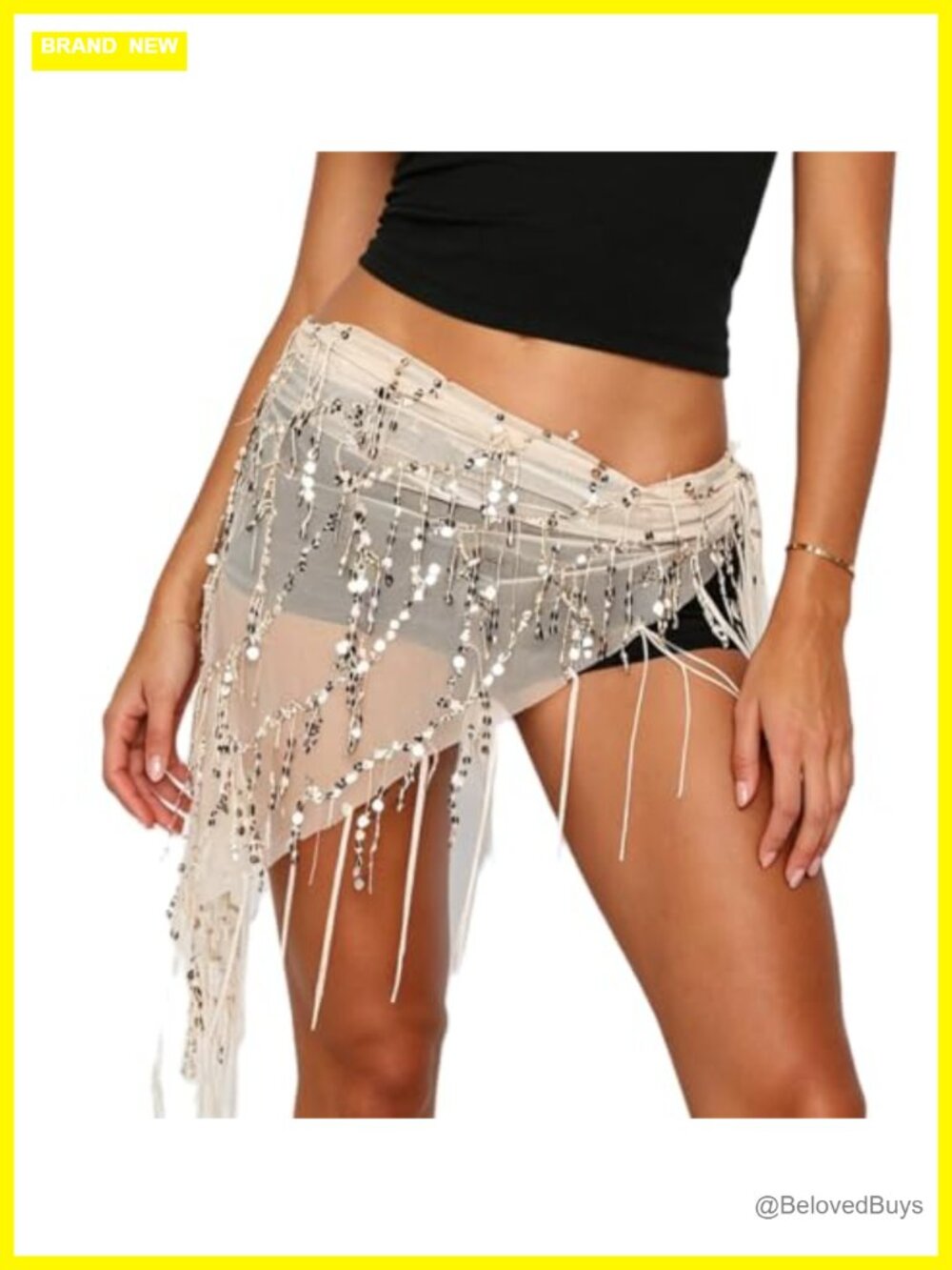 Sheer Mesh Sequin Tassel Wrap Skirt Asymmetrical Hip Scarf Festival